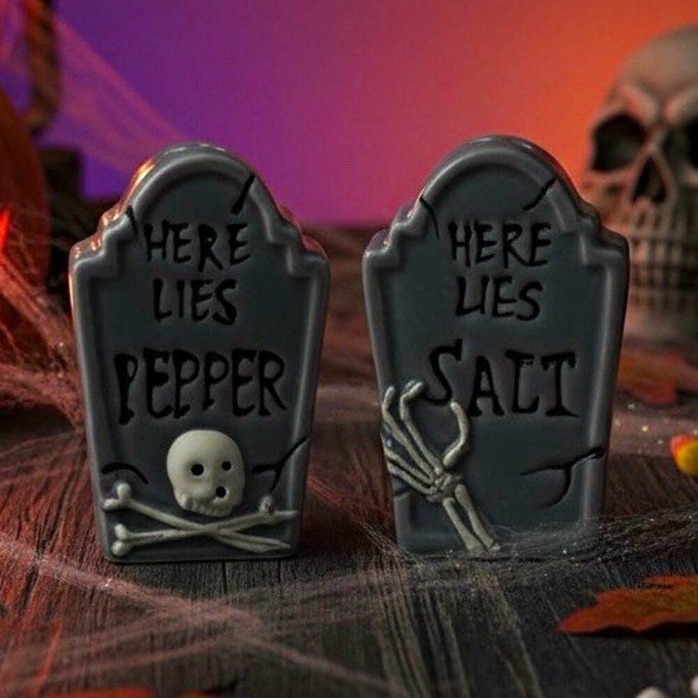 Halloween Gravestone Salt & Pepper Shakers "Here Lies" Gray/Black Ceramic Set